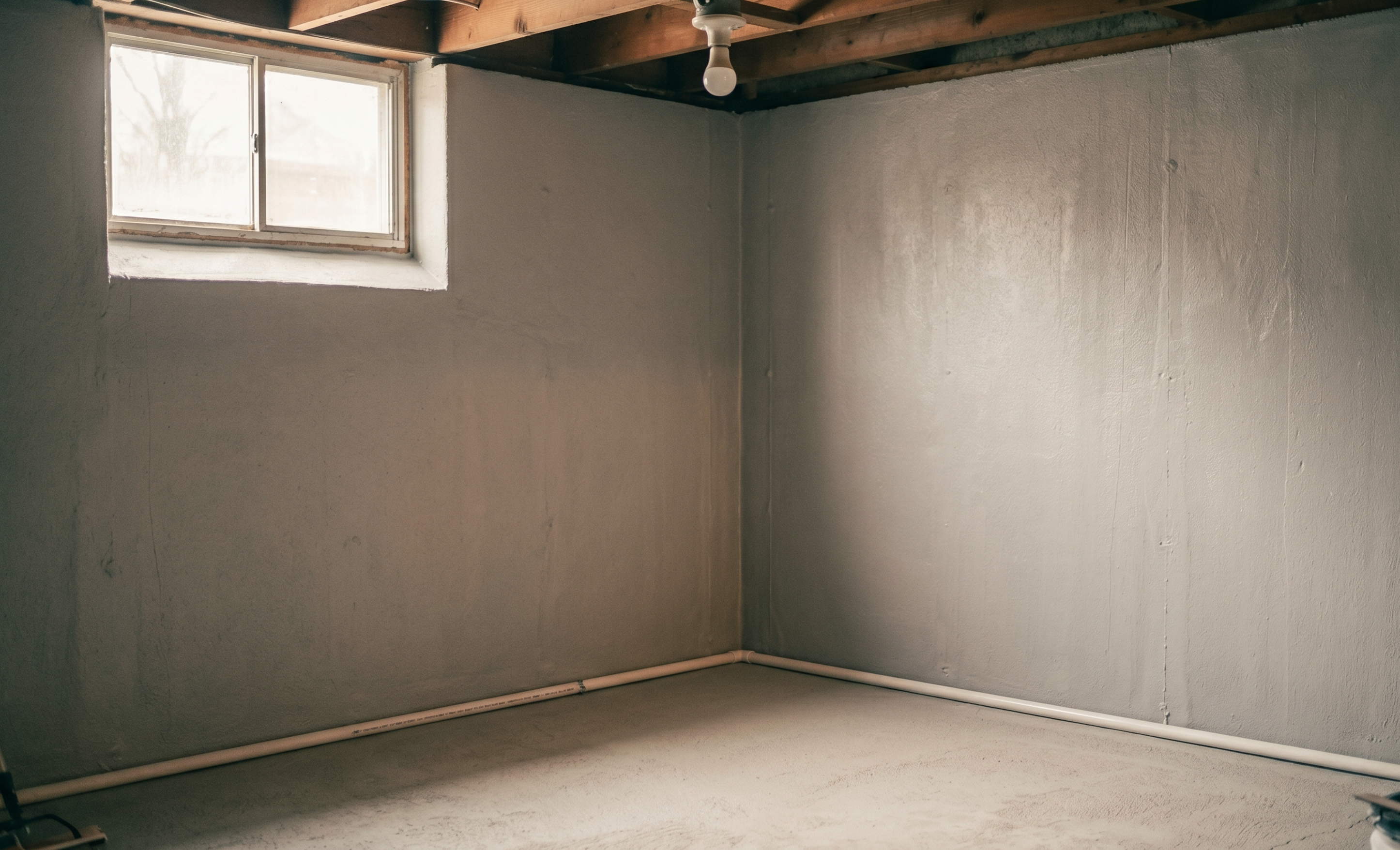 Basement after waterproofing — dry concrete, sealed wall