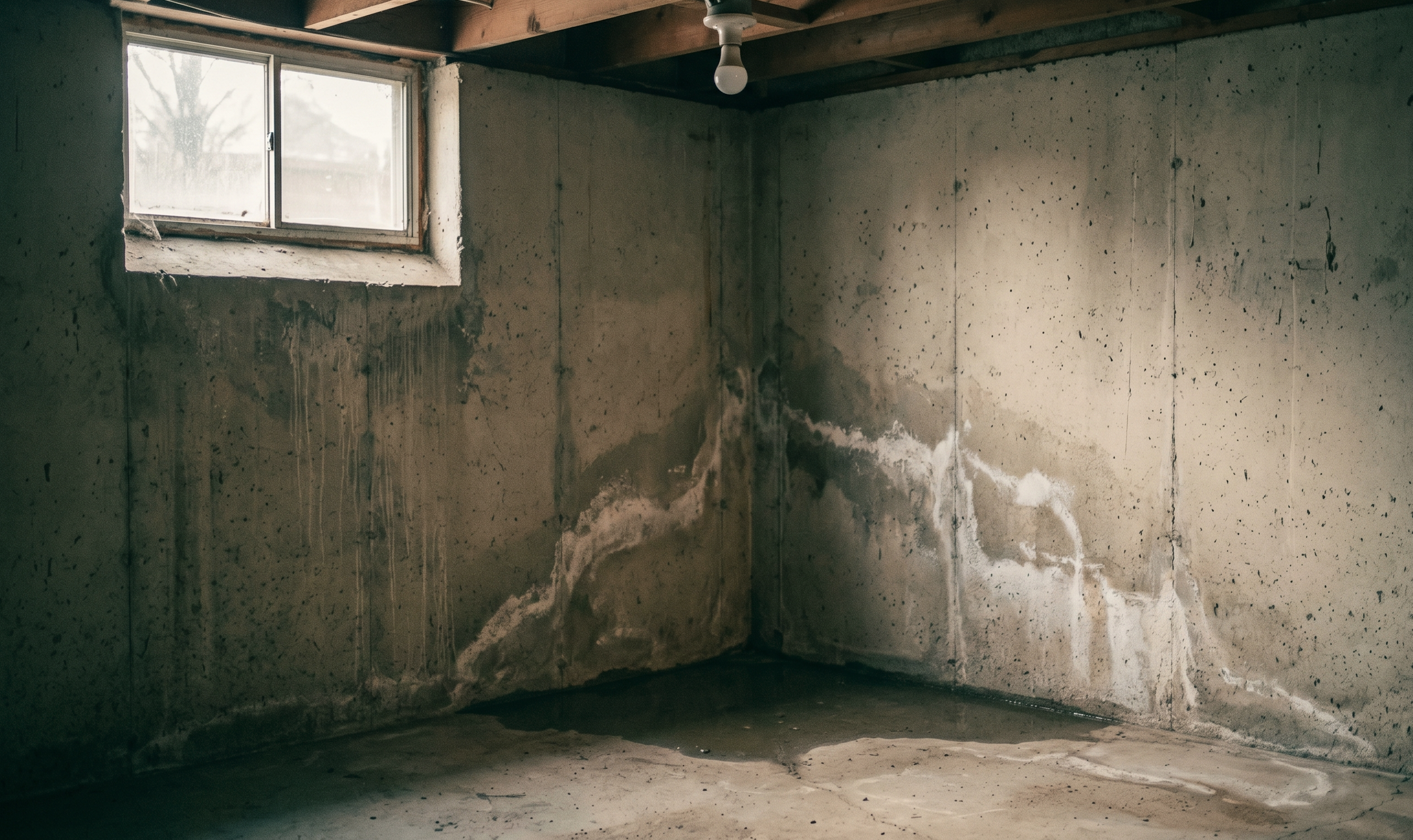 Basement before waterproofing — efflorescence and pooling water